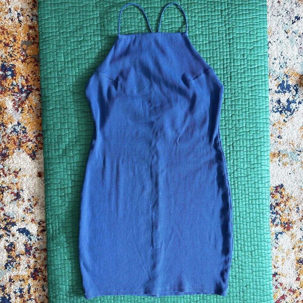 NEW H&M Textured Halter Neck Bodycon Mini Dress Royal Blue Size L Summer Party
